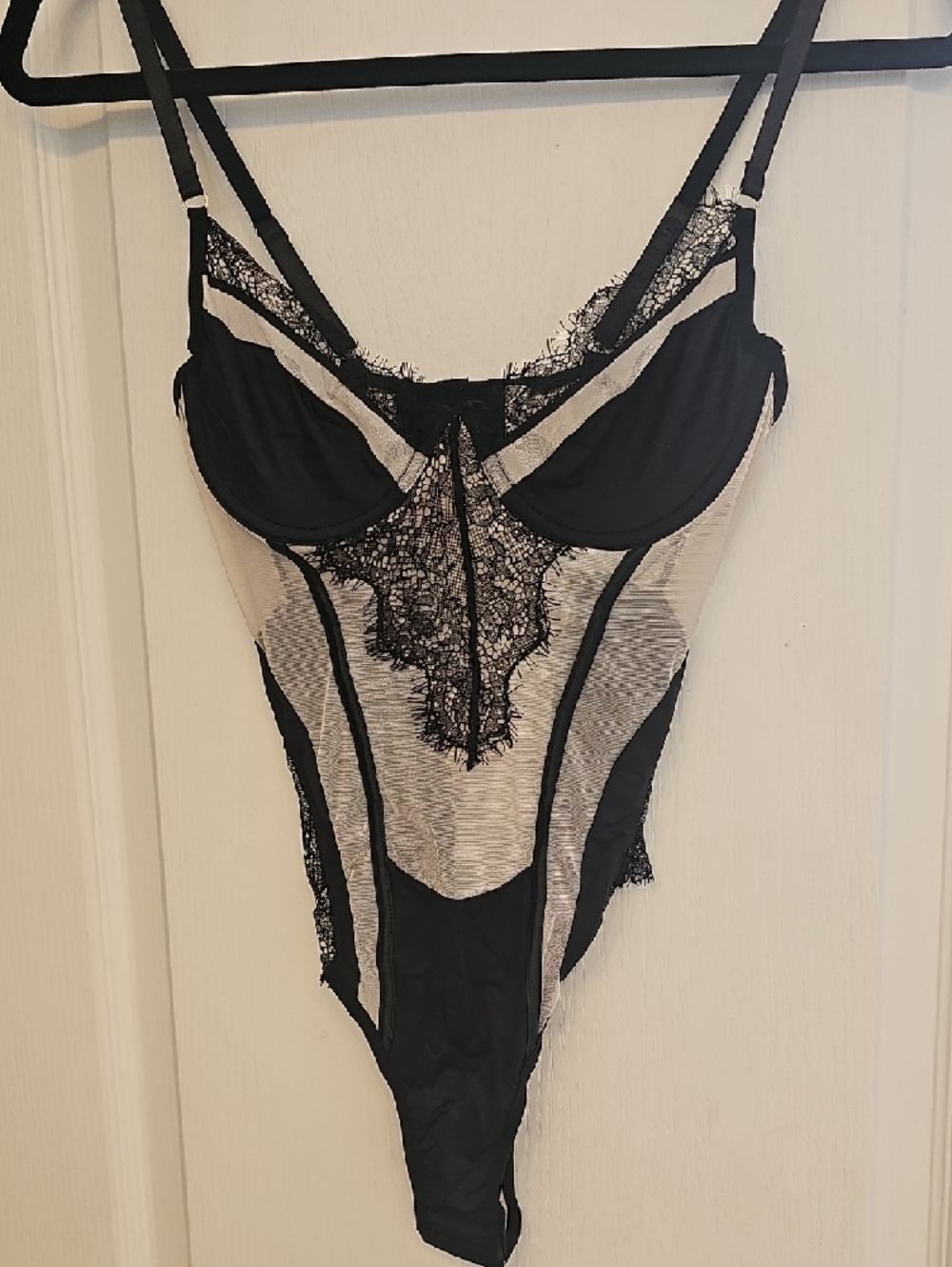 Sheer Black and Cream Lace Bodysuit - Women's Intimates